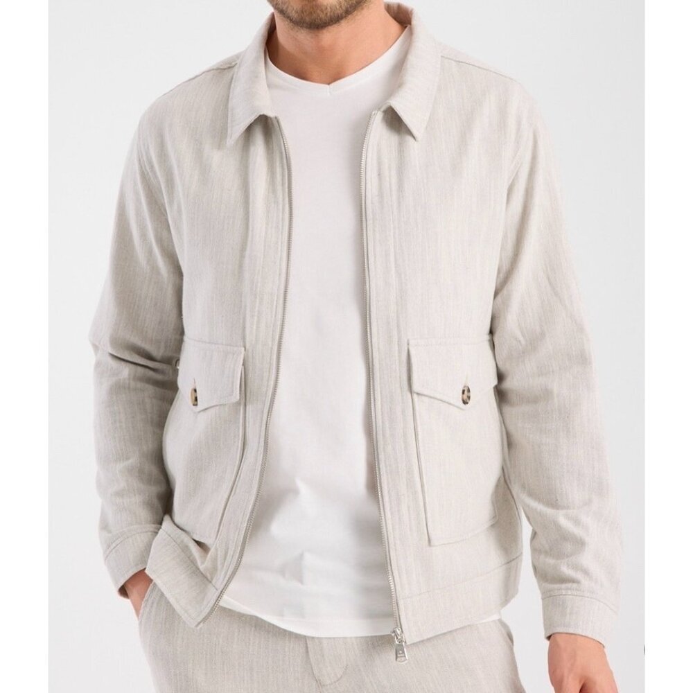 New Zara Light Gray Natural 100% Linen Cargo Pockets Zip Bomber Jacket